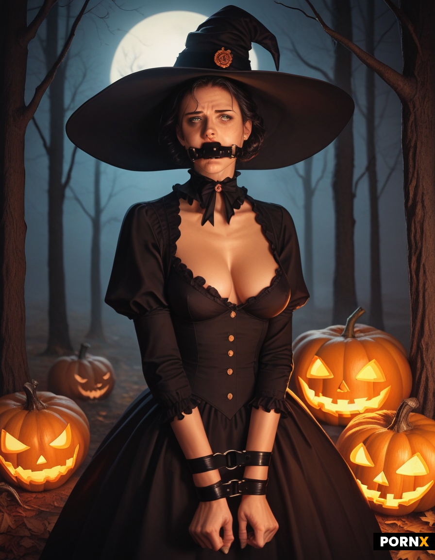 Dark haired irish woman with grey eyes and sad face bound and gagged