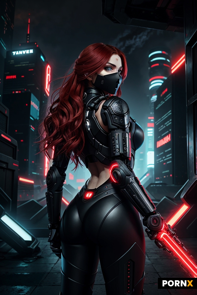 A captivating digital artwork portrays a fierce female protagonist embodying a cyberpunk aesthetic