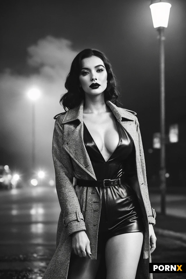 An ultra-glamorous tall woman in her late twenties, cascading midnight-black hair styled in soft waves, stands under a rain-slick streetlamp, her angular face illuminated by a faint amber glow as she exhales a curl of smoke. She wears a dark 1950s trench coat cut to the knee, the front left flap provocatively ajar to reveal a plunging cleavage and the smooth curve of a toned thigh, the coat cinched at the waist by a polished leather belt that accentuates her hourglass silhouette. Her pose is slightly twisted, weight shifted onto the exposed leg, one hand gripping a slender cigarette while the other rests on the coat's collar, fingers glinting with a hint of steel jewelry. Soft rim lighting creates a chiaroscuro effect, casting deep shadows behind her, while a shallow depth of field keeps the neon-lit alleyway out of focus, emphasizing the sultry, noir atmosphere. Shot from a low, slightly tilted perspective in a high-contrast monochrome cinematic style with subtle film grain and a touch of crimson on the lipstick.