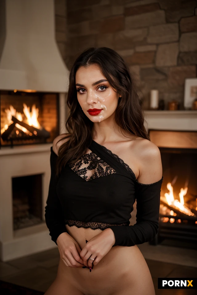A captivating medium shot of a stunning woman with long, wavy dark brunette hair and piercing eyes, posing elegantly in front of a warm, glowing fireplace. She is wearing an exquisite black lace top with intricate floral patterns and long sleeves. Her makeup is bold, featuring striking red lipstick and defined eyes, complemented by vibrant red nail polish on her manicured hand, which is resting near her hip. The soft, ambient light from the fire creates a cozy and romantic atmosphere, casting gentle highlights on her face and shoulder. The background features a blurred interior setting with vintage clocks on the wall, adding a sophisticated and moody aesthetic. Cinematic lighting, photorealistic, high detail, 8k, elegant composition, seductive gaze --ar 9:16 --v 6.0
