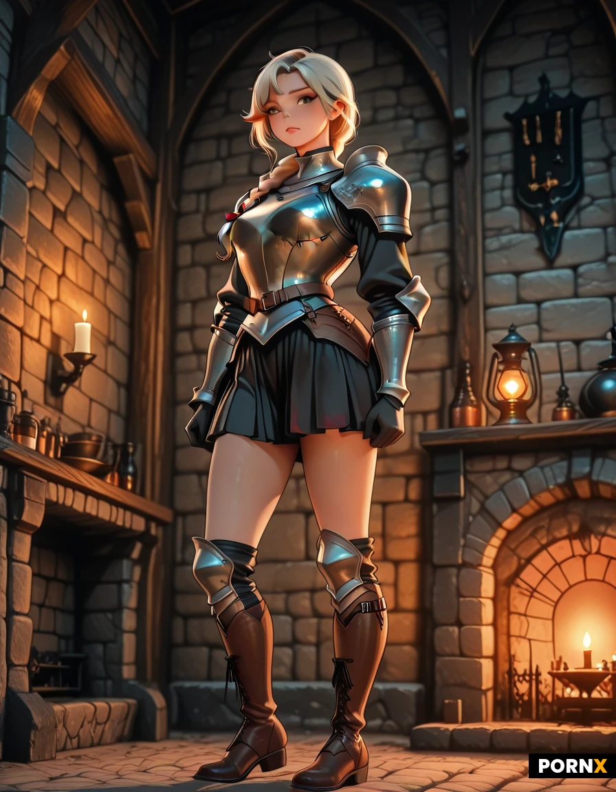 Subject: full body, solo, 1girl, 21yo english knight, Graceful build, looking at viewer, detailed facial features, striking eyes, long messy brunette hair, loose side braid, subtle blonde highlights
Outfit: medieval steel chestplate, worn plate armor cuirass, leather straps, dark tunic under armor, knee-length pleated skirt, heavy leather boots, knee-high armor boots
Environment: rustic medieval tavern interior, stone walls, timber beams, background fireplace, warm candlelight, dust motes in air, shallow depth of field, blurred background
Style & Lighting: dramatic rim lighting, chiaroscuro, warm lantern glow, photorealistic, raw photo, film grain, highly detailed skin texture, scratched metal texture, 8k uhd, cinematic composition
