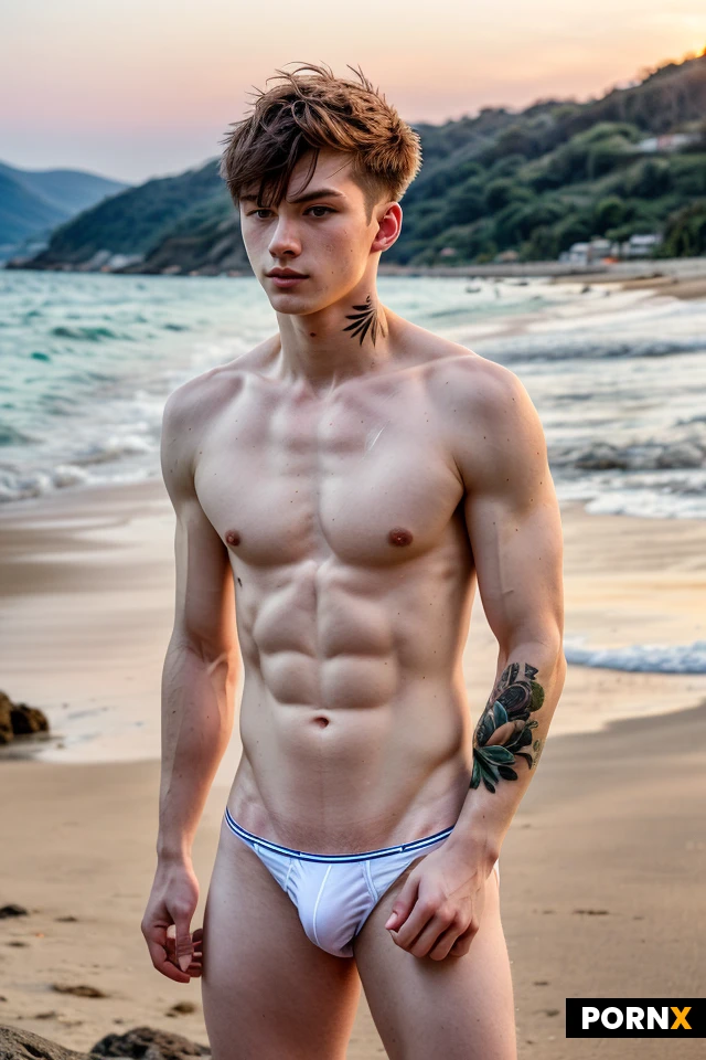 Man, 18 years old, white, Hungarian, Asian, extra skinny, muscular, perfectly toned abs, pale, brunette, short hair, messy hair, amber eyes, seductive look, modern tattoos, horny, large bulge, thong, topless, standing, side view, seductive pose, glistening with sweat, closeup portrait, summer, scenic beach, sunset, carrying a naked woman