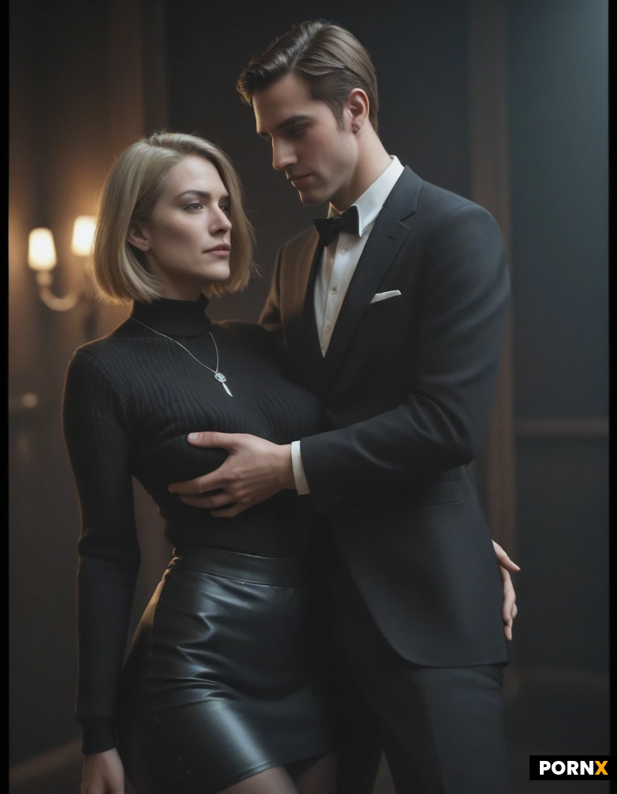 female, early 30, skinny, medium breast, (blonde bob cut:1.0), grey eyes, Pendant, black stocking,
dark brown formal long sleeve sweater, see-througth nipples, black leather skirt, black stocking,( dark room:1.5), no lite, instagram shot, male stands near, male touch female, male put hand on female breast, groouping breast,
fancy cafe, restourant, (high quality:1.5), high resolution, detailed faces,