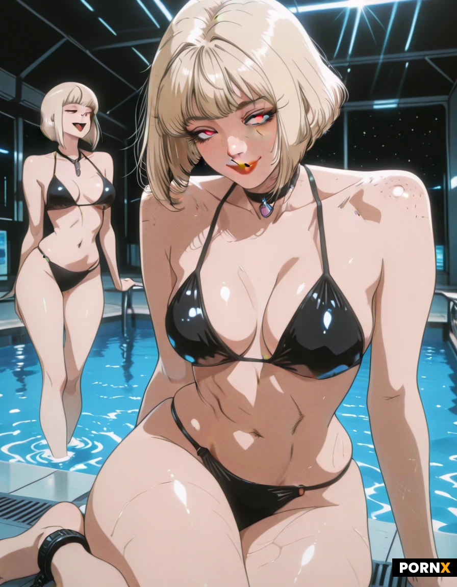 Serena lounges by the pool, radiant in her black bikini, which clings to her curves like a second skin. Her inverted bob, a stylishly choppy blonde cut, frames her face, emphasizing her sharp cheekbones and piercing ruby-red gaze. The sunlight dances across her features, casting shadows that highlight the subtle definition of her abs. Every strand of hair, every freckle, every flicker of her eyelashes seems amplified, as if inviting you to stare.
Her full, cherry-red lips part slightly, a hint of a smile playing on them, like she's sharing a secret. The way she holds herself—shoulders relaxed, spine straight—exudes confidence, a quiet assurance that she owns this space, this moment.
Her breasts swell beneath the skimpy bikini top, the fabric struggling to contain their roundness. The strings tie behind her neck, leaving her back exposed, smooth and unblemished. A delicate chain glints around her waist, drawing attention to her narrow hips.
A scattering of freckles across the bridge of her nose adds a touch of playfulness to her otherwise statuesque beauty. Her nose ring, a small, sparkling diamond, winks in the sunlight.
Her bikini bottom hugs her hips, revealing the toned, athletic legs she's proud of. They're crossed casually, one ankle resting atop the other, the movement causing the fabric to ride up just a fraction. Enough to tantalize, never enough to reveal too much.
The air around her seems charged, electric, as if she's radiating an aura of sensuality, a palpable energy that's impossible to ignore. Every movement, every gesture, screams 'Serena': powerful, alluring, and dangerously captivating.