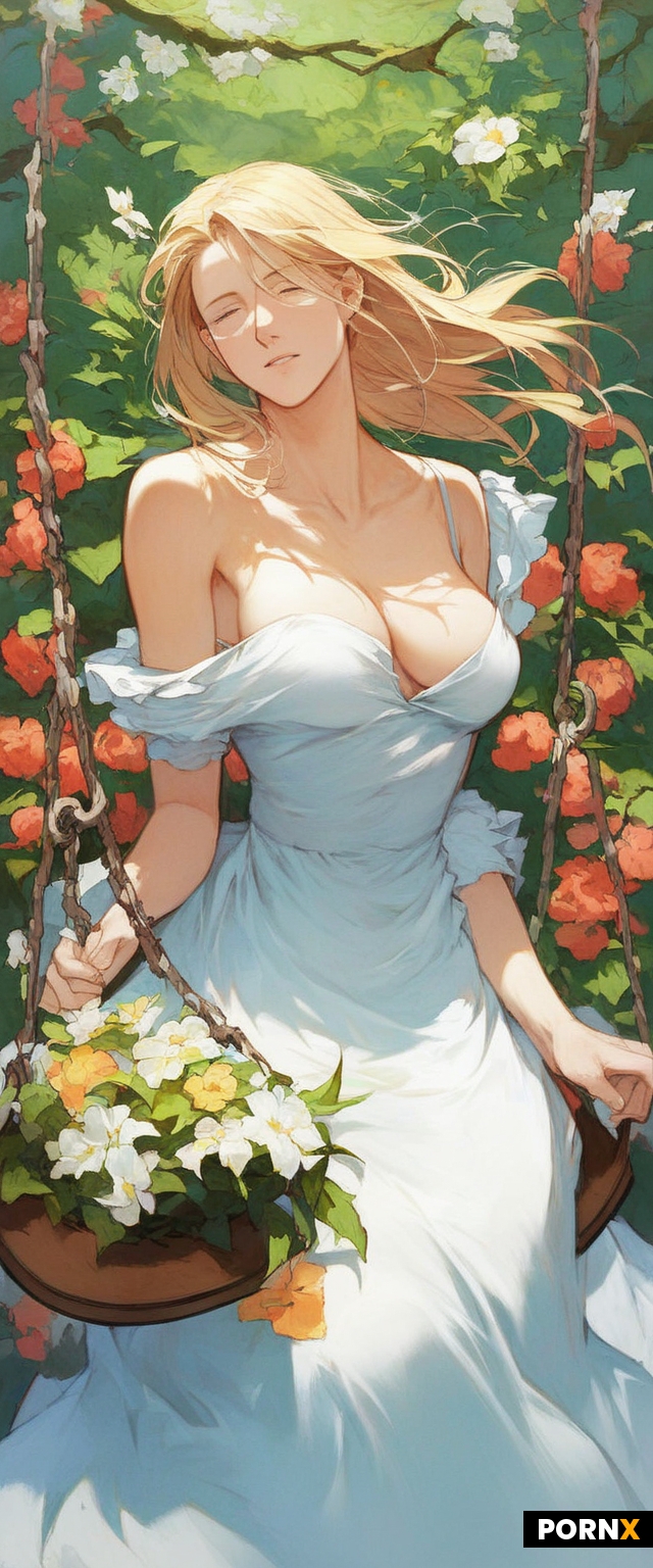 Fate stay night anime style woman sitting on swing in a garden