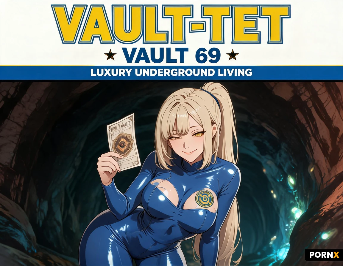 a commercial billboard for vault-tec featuring a An alluring adult woman standing central yet fully body visibble in her mid-twenties with long, blonde ponytail hair, high cheekbones, sultry amber eyes and a bright smile and winking eye, wearing a form-fitting blue latex Vault-69 jumpsuit from fallout4 that clings to every curve of her sculpted body with glossy sheen and subtle seam detailing, her pose is inviting as a performer with flexible changed completely, leaning forward exposing cleavage. arms raised as she grips a torn, aged paper ticket between thumb and forefinger; she stands in a dimly lit, cavernous vault carved into a rocky cave, walls shimmering with faint phosphorescent spores, soft rim lighting outlining her silhouette and casting dramatic shadows, shallow depth of field focusing on her face and the ticket, low-angle shot emphasizing her dominant pose