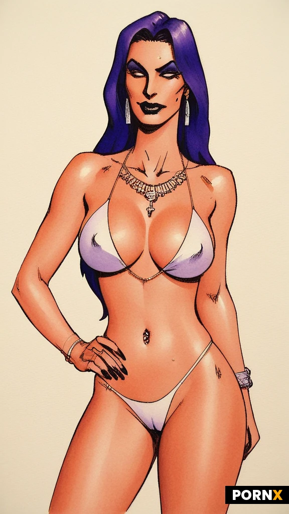 Sexy goth babe, short purple hair. Very pale skin. Abigail. Wearing only tiny very tight black sling bikini. (Very long tits, extremely long deep cleavage:1.5). Slim legs. Temptress. Pin up style