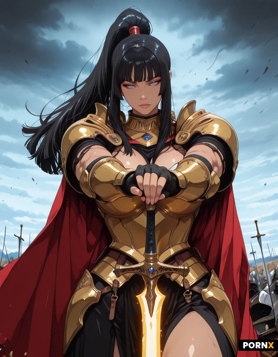 Standing On A Battlefield, Fantasy Armor, Paladin Armor, Black and Gold Armor, High Ponytail, Make-up, Sword In Hand, Glowing Sword, Cape Billowing In The Wind, Fighting Pose, Stormy Sky, Looking Down On viewer, Pointing Sword At Viewer