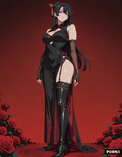 Full-body anime-style illustration of a confident femme fatale standing in a three-quarter pose
