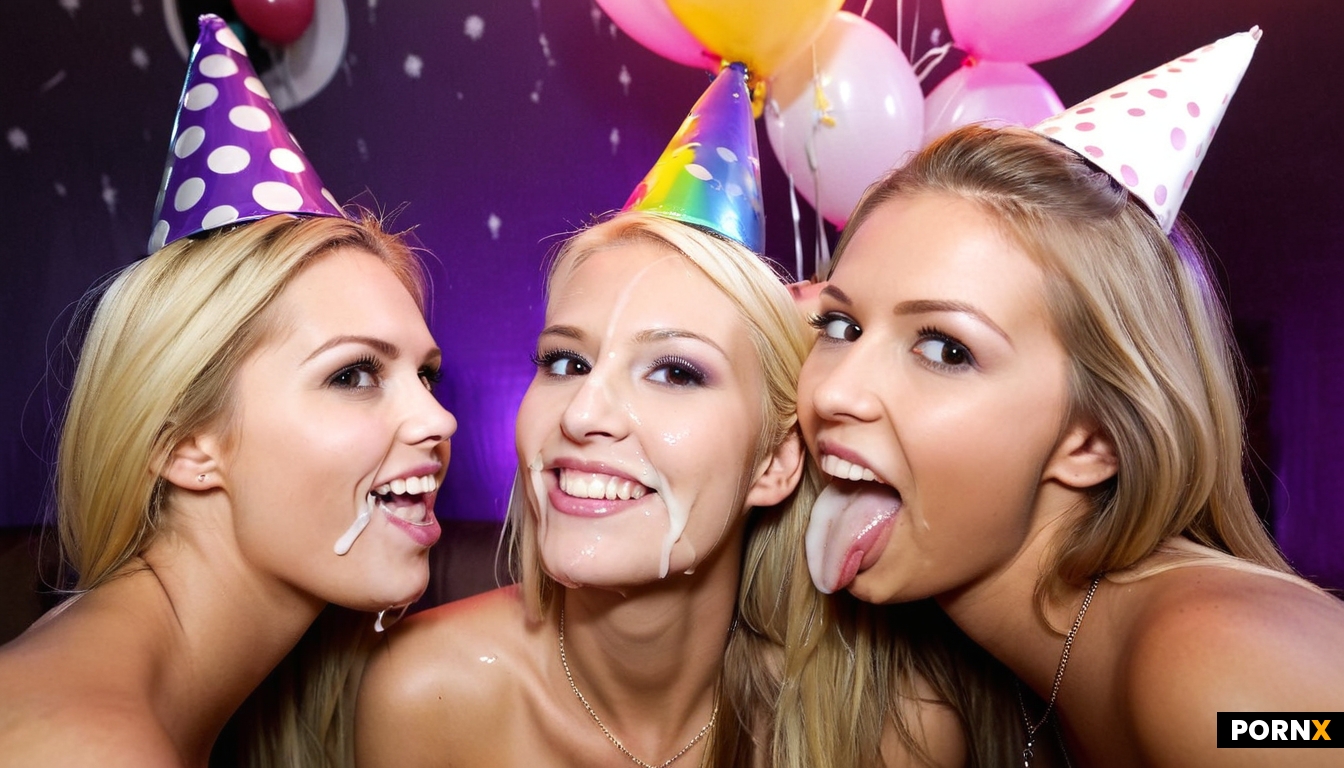 Two women receiving messy cumshot around their mouth from a thick white cock