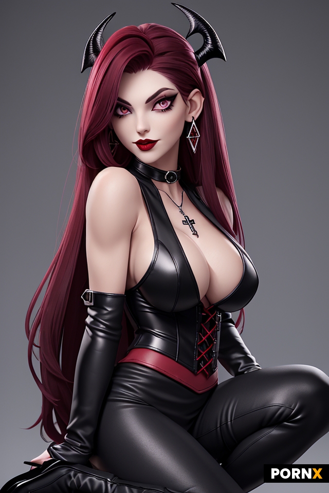 an attractive  vampire female dhampir with red crimson neck-length hair parted down the middle
