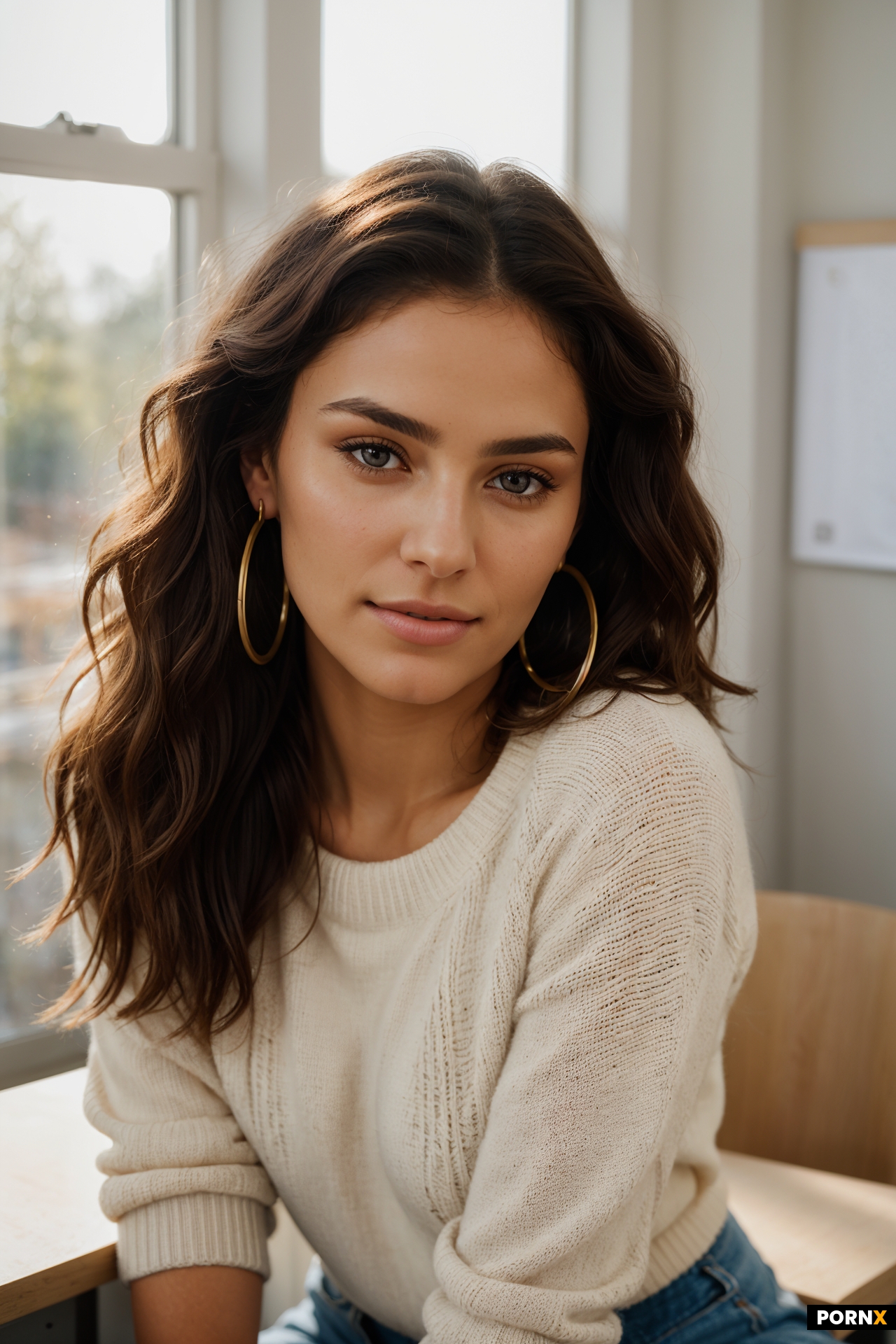 A hyper-realistic portrait of a stunningly beautiful "woman next door" American woman sitting in a s