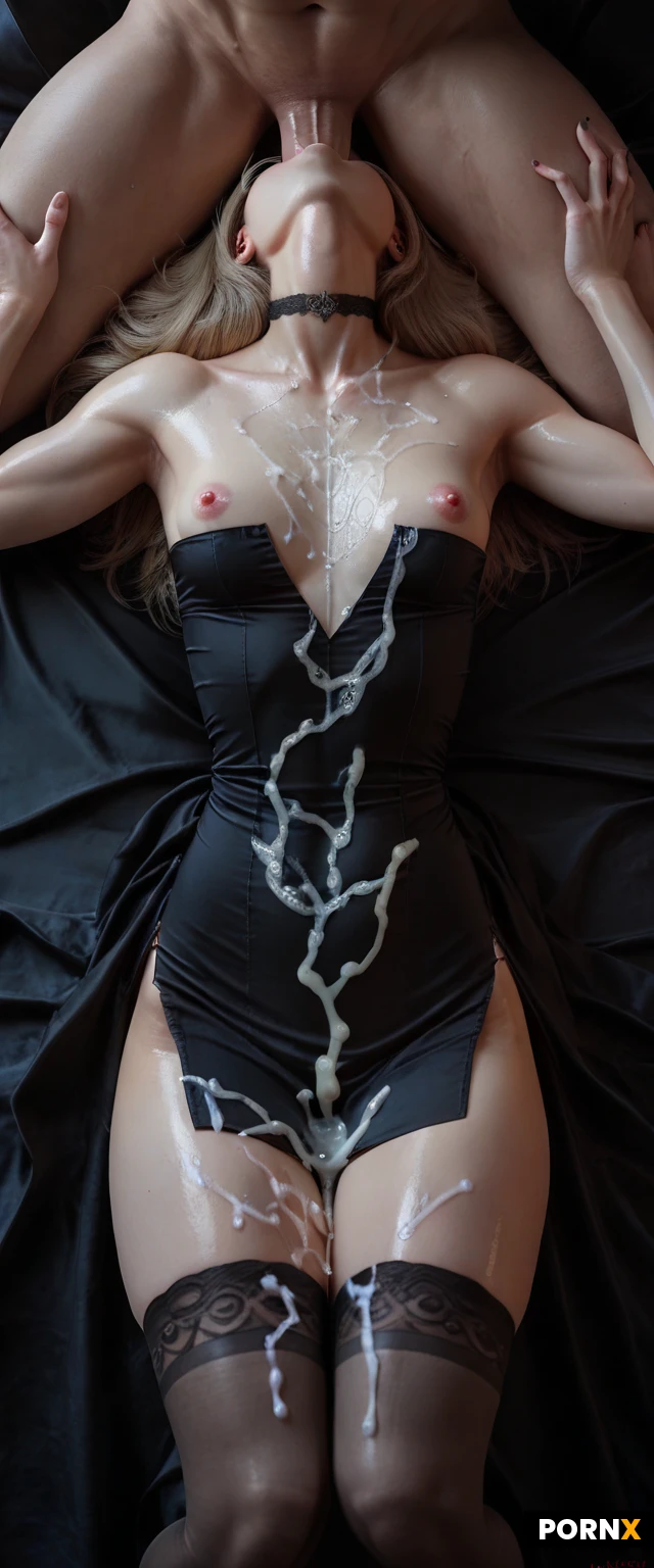 couple, fellatio,overhead deep throat,woman lying on her back at edge of bed,20 Years old,(((korean))),oiled skin,Fit, Small breasts, Rounded breasts, Fit thighs, Blonde hair, Long hair, boobs out, Choker, dress, gothic ,stockings, (((cum on body:1.5,cum on clothes:1.5)))