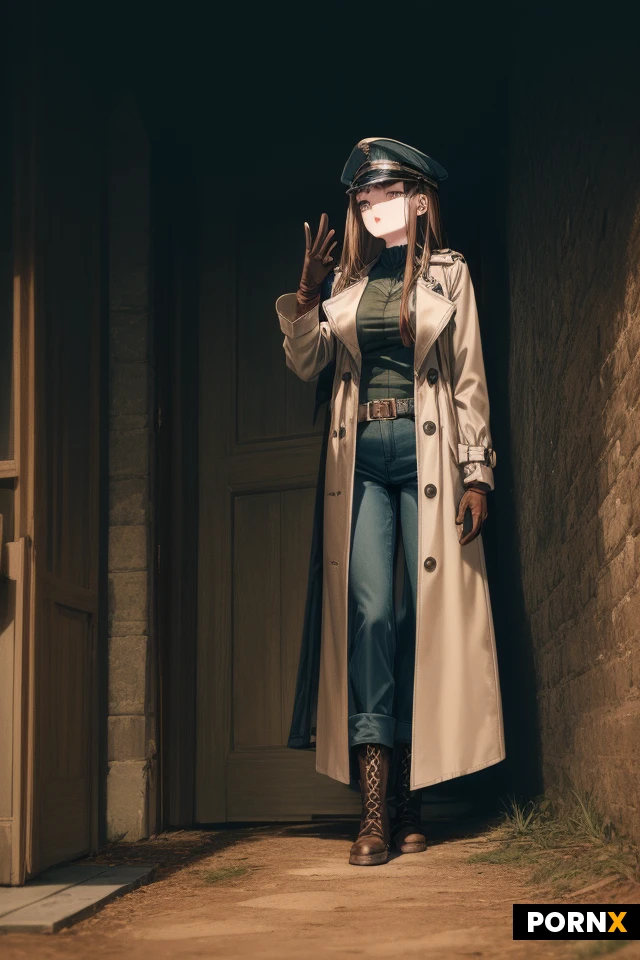 1 Women, 20 years old, long olive trench coat, long pants, gloves, boots, news boy cap, long messy brown hair, midnight, countryside,