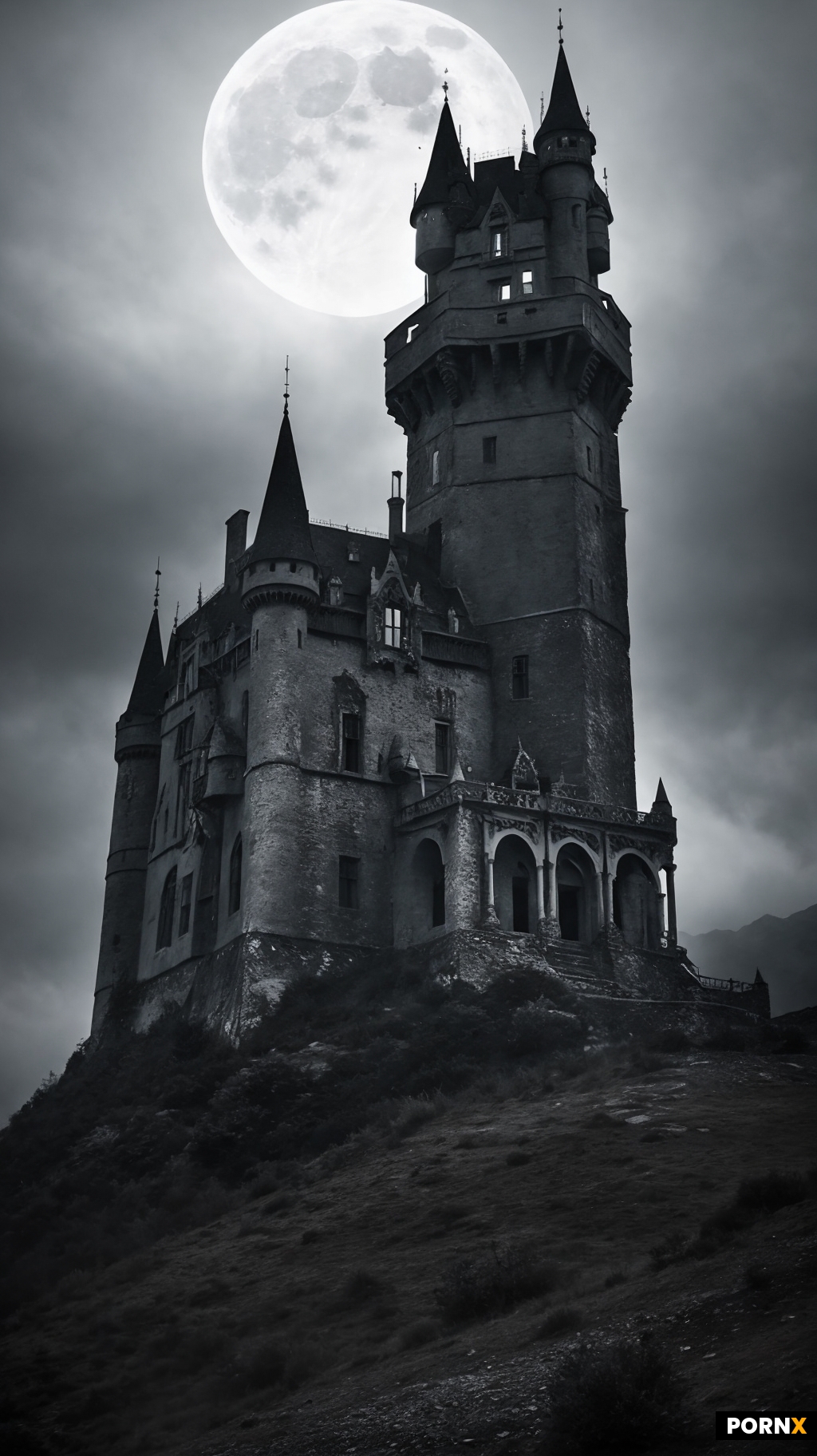 A eerie and creepy castle sits atop the mountain