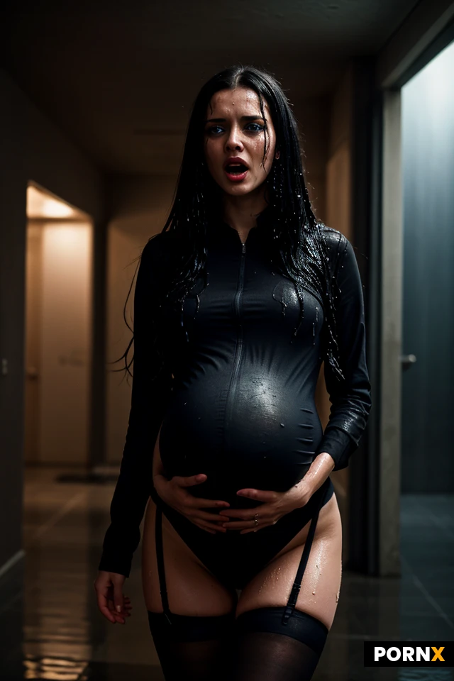 masterpiece, best quality, highres, absurdres, 1girl,2boys, pregnant,looking_at_viewer, blue_eyes, long_hair, black_hair, standing, wet_hair, thighhighs, stockings,scream, weeping, high_contrast, cinematic_lighting