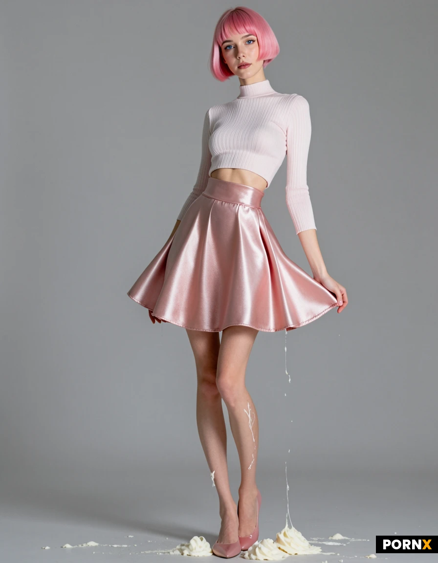 A fitted cream ribbed crop top, paired with a high-waisted flowing blush-pink satin midi skirt with a thigh-high slit. Finished with pointed cream ballet flats.