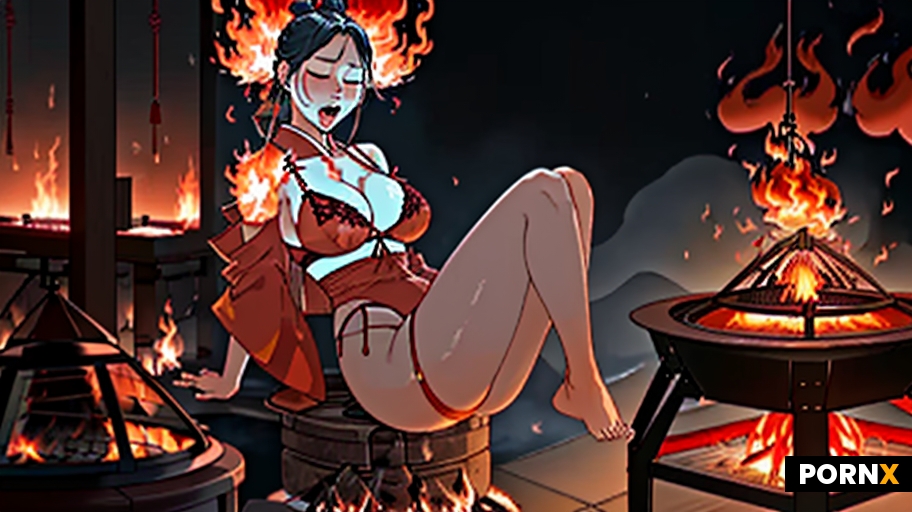 Japanese woman in shibari dangling over a raging firepit with tall engulfing flames while a Chinese 