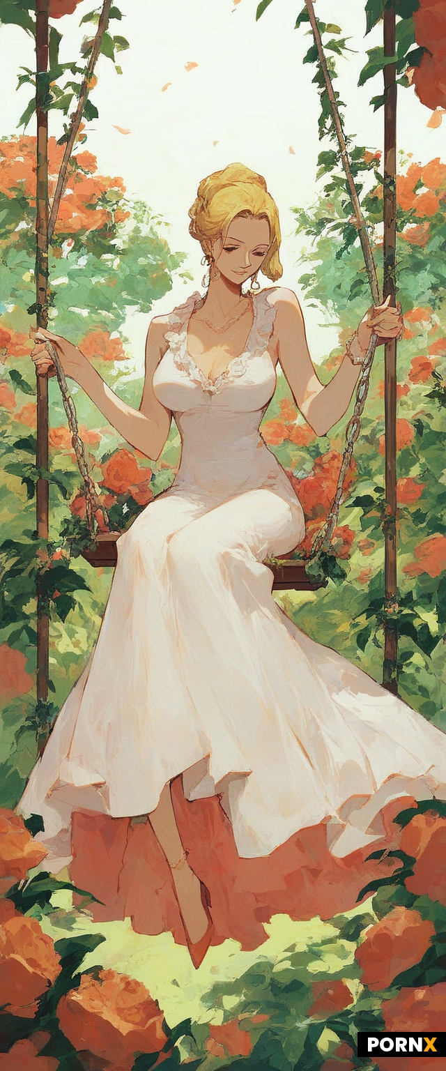 One piece anime style woman sitting on swing in a garden