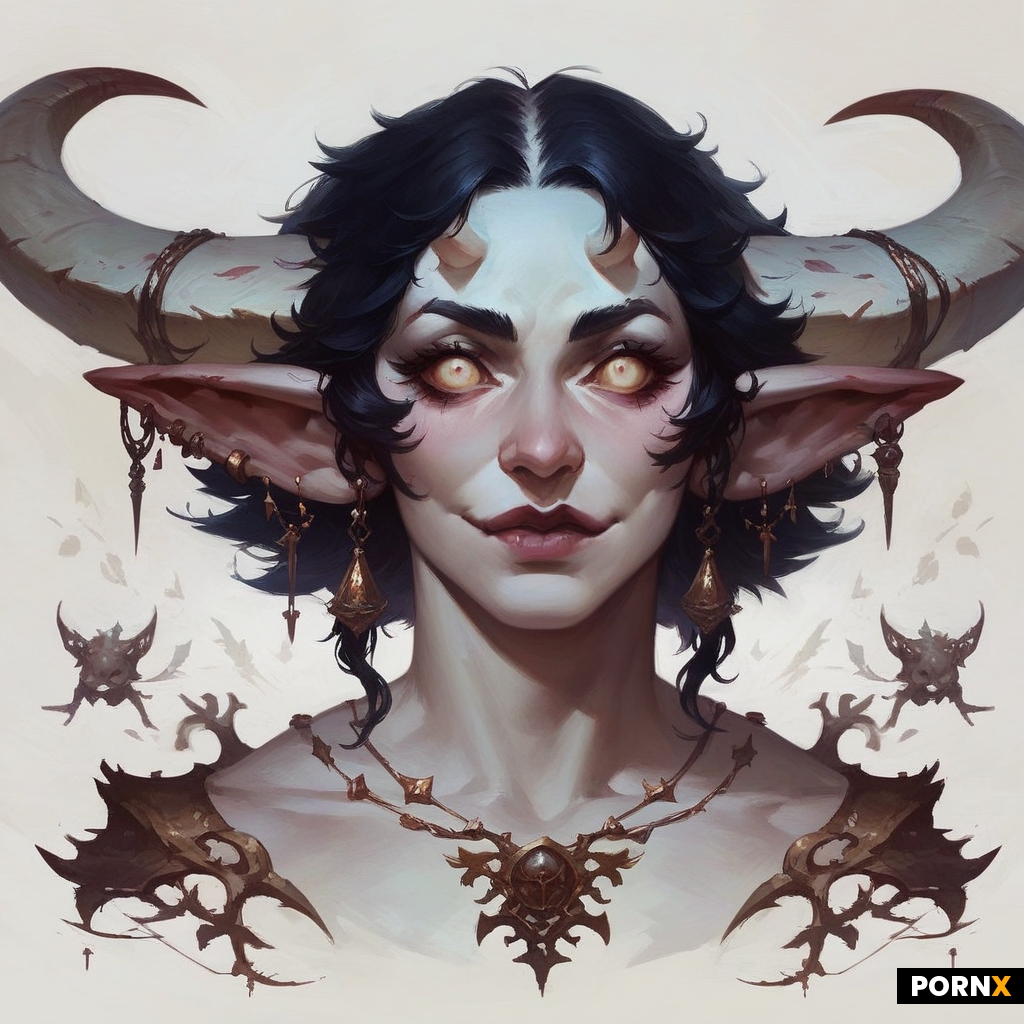 art painterly + goblin-girl + albino white skin + big cute eyes + black hair + horns + white backgro