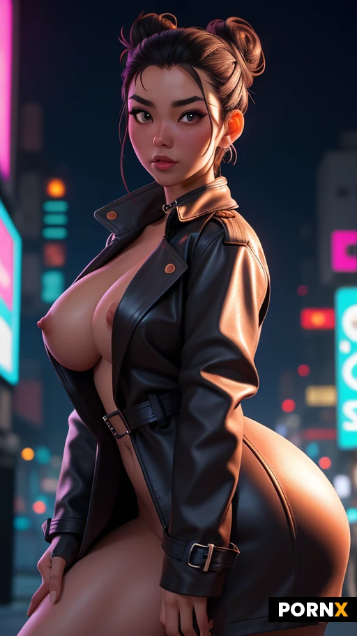 Woman, Asian, beautiful, beautiful face, detailed face, Latina, 30 years old, Portrait View, dark hair, messy bun, caramel skin, tanned skin, neon lights, (cyberpunk), alley, curvy Body, (naked), perfect face, (large breasts), small nipples, perfect nipples, nipples exposed, wide hips, (small neatly trimmed pubic hair:0.9),pussy, thick muscular thighs, night, (legs spread wide), leather trench coat, open trench coat, high res, fishnet stockings