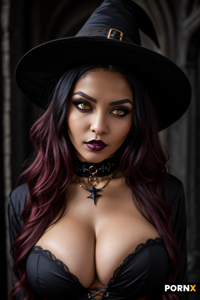 20yo african american Woman, high cheeckbones, yellow eyes, regal model pose, gothic dark fantasy atmosphere, busty lips, dark lipstick, closeup, huge natural breasts, witch cosplay