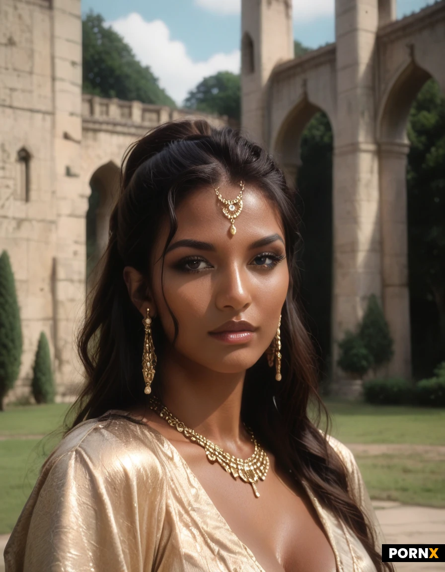 high definition, super realistic, pretty indian woman, pretty face, curved body, dark toned skin, rich crimson silk saree with an intricate gold zari border, She is adorned with traditional Kundan and gold head jewelry, nose jewelry, delicate maang tikka on her forehead, heavy jhumka earrings, and stacked gold bangles, background, heritage temple courtyard, shallow depth of field, detailed face, detailed eyes, dynamic angle,