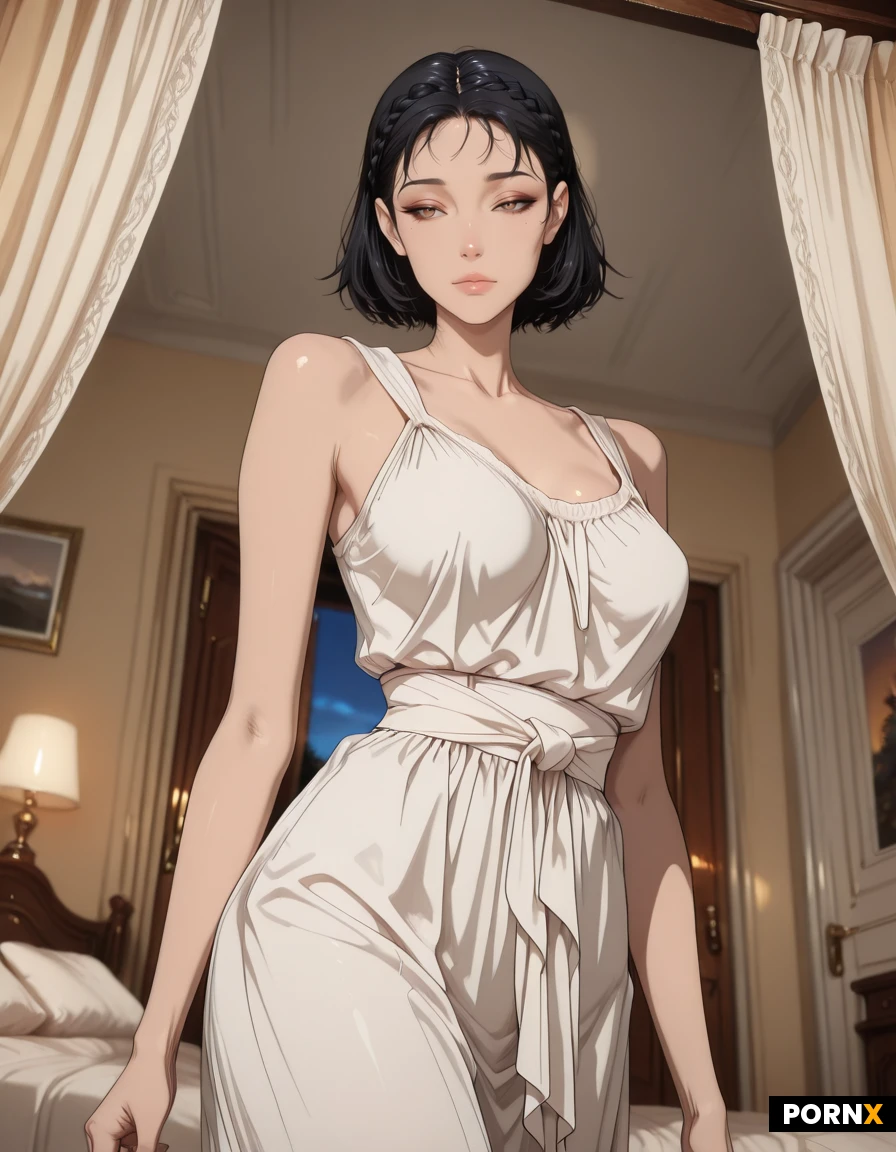 masterpiece, best quality, highres, absurdres, peasant_clothes, walking, bedroom, luxury_bedroom, sunrise, morning_light, soft_shadows, interior, bed, canopy_bed, contrast, detailed_background, depth_of_field, cinematic_lighting, low_angle, full_body, quiet_atmosphere, ambient_light, golden_hour, realistic_style, door way