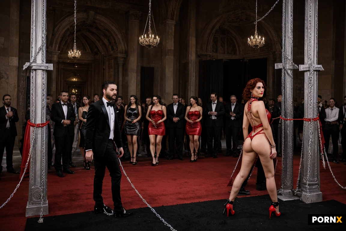 Woman and Man full of realistic lots of people in the background inside a beautiful opera with black