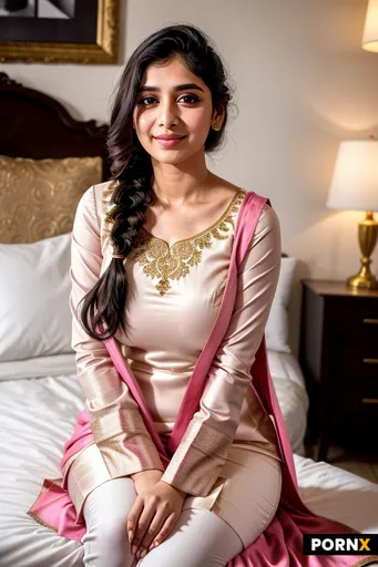 A medium-shot portrait of a youthful South Asian woman sitting gracefully on a bed indoors