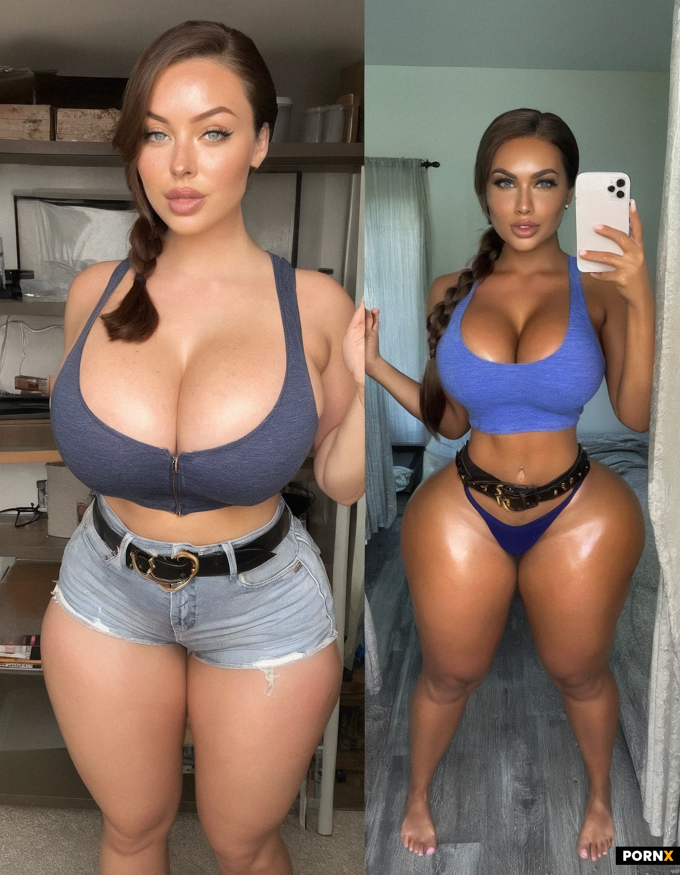 (busty body growth), sexy expansion, (expanding/hulking_body_Growthtransformation),absurdres, 1girl, solo, before_and_after, transformation, expanding_breasts, huge_breasts, large_ass, hourglass_figure, athletic_body, perfect_skin, blue_eyes, brown_hair, braid, freckles, crop_top, booty_shorts, belt, wooden_dresser, strong_thighs, excessive_cleavage, looking_at_viewer