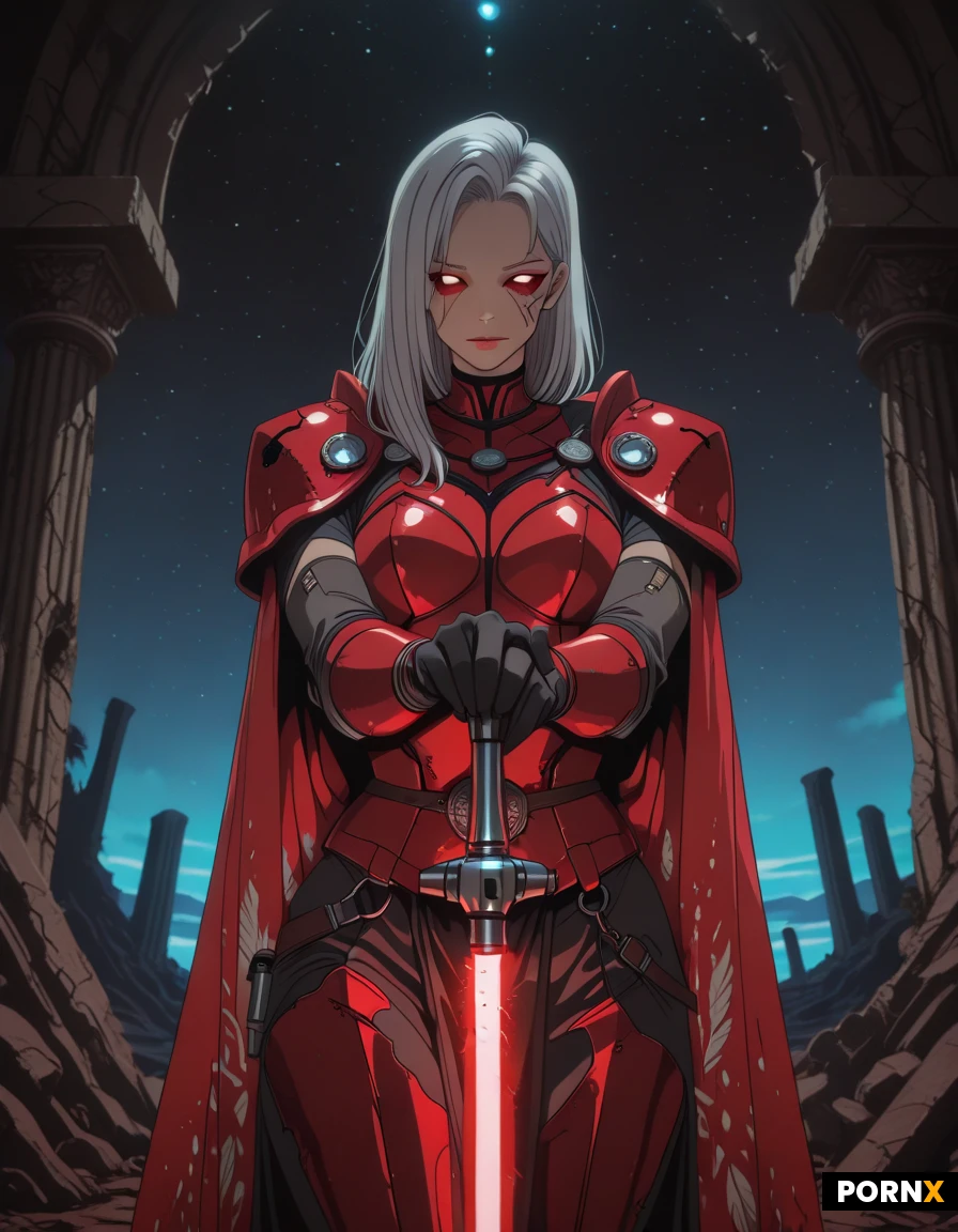 A stunning, statuesque female chief with a sharp jawline, high cheekbones, and long, flowing silver hair that catches a faint blue glow, gazing confidently at the horizon; she stands upright on a dusty, basalt outcrop, her arms crossed over a sleek, matte-black iron chestplate etched with tribal symbols, a glowing crimson lightsaber hilt clipped to her belt, and a weathered, ornate cape trailing behind her. The scene is lit with dramatic, soft rim lighting from the twin suns setting behind her, casting long shadows and highlighting the metallic textures, while a shallow depth of field keeps the focus on her expressive eyes and intricate armor details. Captured from a low-angle, slightly tilted perspective to emphasize her commanding presence, the background reveals a rugged, alien canyonscape dotted with ancient ruins and distant starships, rendered in high-resolution digital painting style reminiscent of the "space western style" aesthetic, with rich, saturated colors and gritty, cinematic grain.
