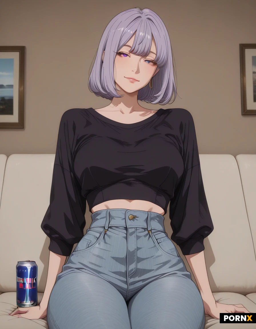 An 18-year-old adult woman with short purple hair, sitting casually on a sofa at home and drinking a can of Red Bull. She is wearing a stylish cropped casual top with high-waisted jeans. Cozy modern living room, simple uncluttered background, relaxed natural expression, soft indoor lighting, realistic photography, cinematic composition, high detail, 4K quality, no text, no logos, no sexualized posing.