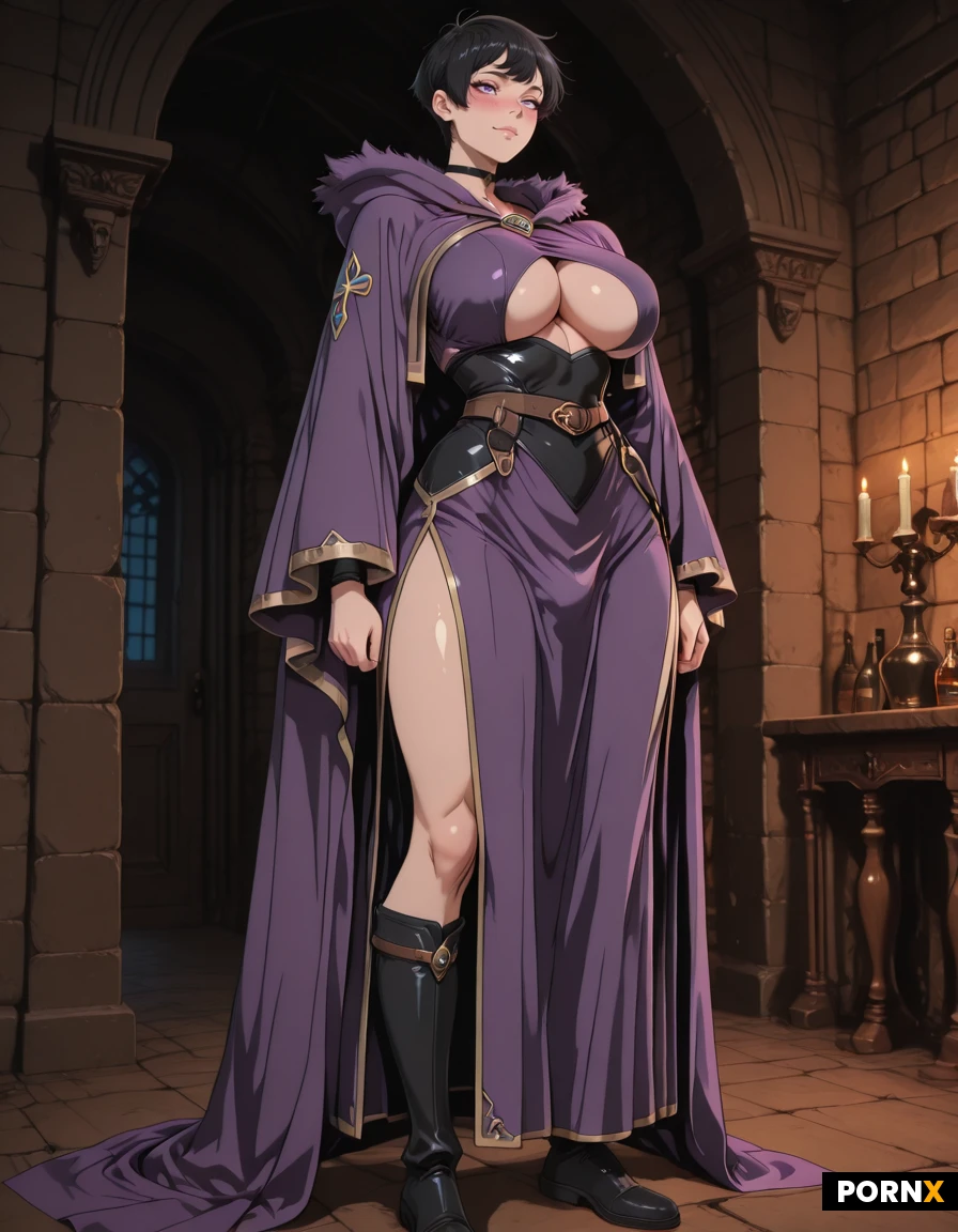 tall, elf ears, long hair, futanari, black choker, purple wizard tunic with gold trim and open sides, long fur-lined cloak, underboob cutout, hip cutouts, standing, inquisitive expression, horny, happy, blush, full body view