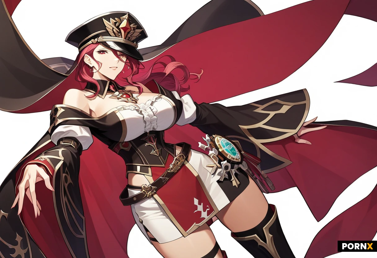 Rendered in vibrant MOE anime style with crisp linework, glossy cell shading, and rich, saturated colors. vector.high_Quality_eyes,high_Quality_image,high_detailed_image,high_detailed_face,fantasy,(MOE_anime_style).Fitted bodice / corset-style bodice — the blue-and-white upper section,
Deep V neckline,
Off-shoulder / shoulder-draped sleeves,
Long detached sleeves with fitted cuffs,
High-waist design,
Asymmetrical split skirt / open-front skirt,
Long cape or mantle attached around the shoulders,
Decorative waist belt / cincher,
Metallic medallion ornaments around the waist,
Tabard-like front panels,
Thigh-high stockings or thigh-high boots underneath the split skirt,
Tall military-style peaked cap,
Long veil/fabric panels falling from the back of the hat,