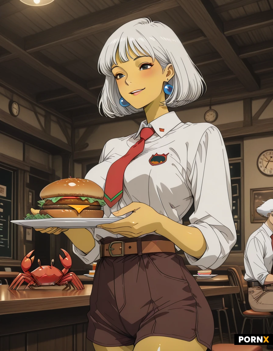 high definition pretty woman waitress, yellow skin, short white hair, blue eyeball, ( white collared shirt, red tie, brown short pants with belt:1.3), she is carrying a plate of hamburger to the table, red crab logo on the plate, joyful and friendly smile, background, hamburger restaurant, tables, chairs, detailed face, detailed eyes, dynamic angle