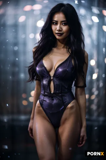 Asian demon standing in a model pose wearing a shimmering blue bodysuit
