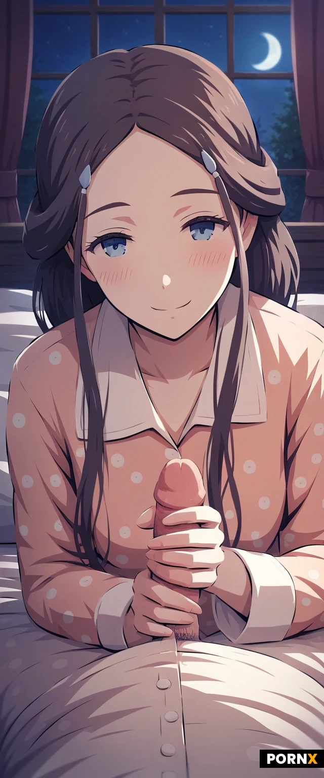 masterpiece, best quality, highres, absurdres, 1girl, solo, long_hair, _eyes, pajamas, cute_pattern, bedroom, bed, sheets, handjob, submissive_smile, blush, soft_light, night, close_up, Inspired by the bold,visceral styles of asou_asabu202,breakkatara,and break,this scene blends raw sensuality with intricate,artistic detail,capturing every curve and shadow of her cute body,