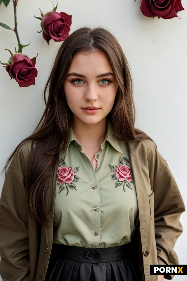 british 20-year-old girl.wide face with a sharp nose and green eyes.long messy brown hair.eye makeup.jacket and a button-up shirt.long skirt with a rose design