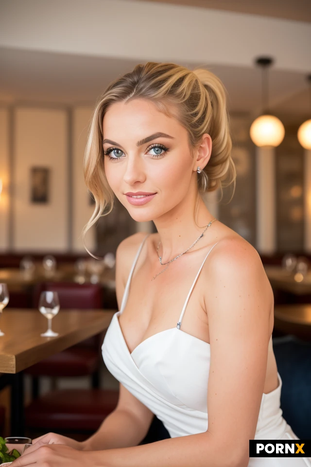 English french italian beauty lady at the restaurant, view from below, feminine:4, skinny:1.2,blonde ponytail, blue eyes, nice dress full clothed, high quality picture, 4k,coctail dress, jewelry, eyes open. Very nice artfull portrait close