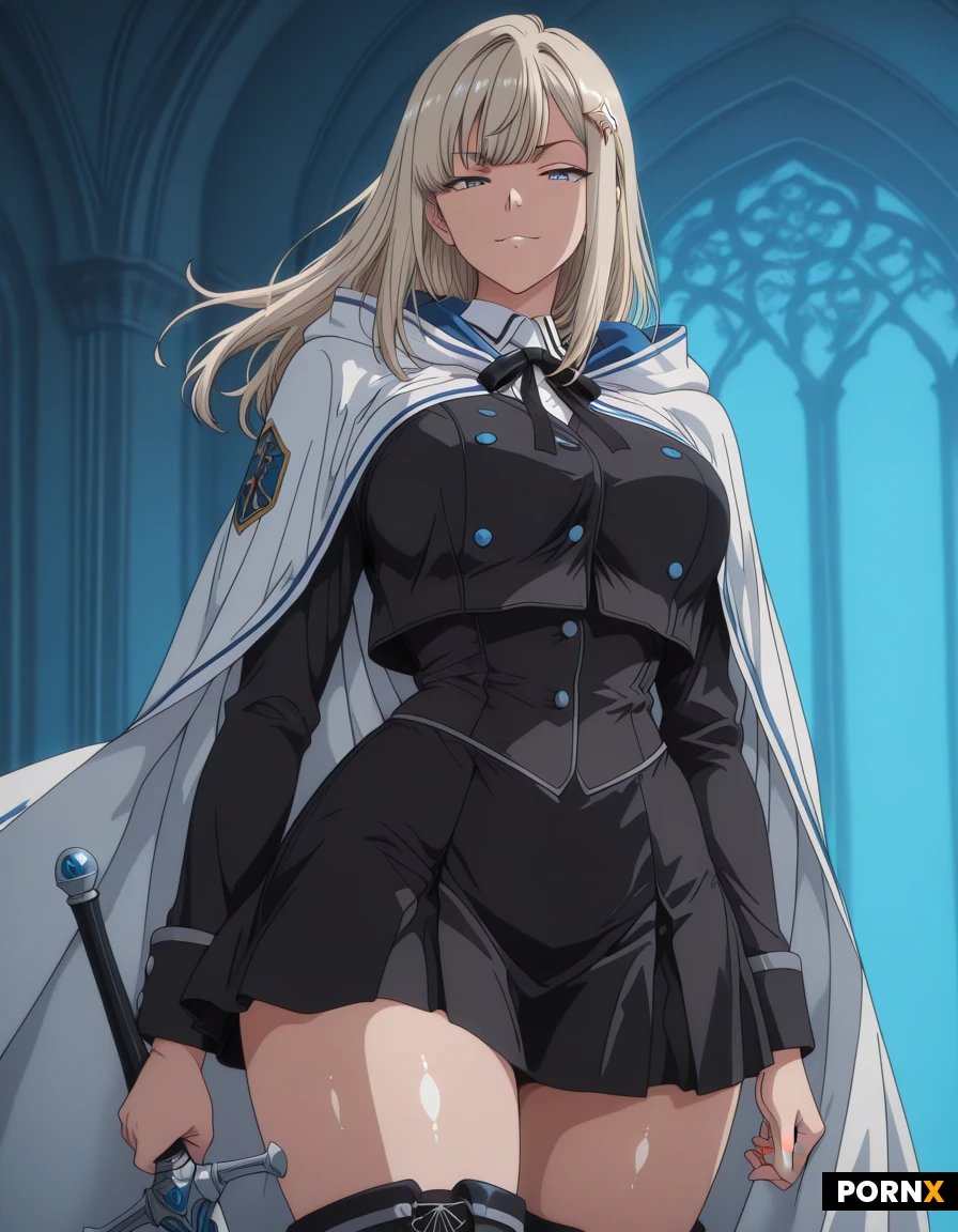 a (curvy:1.5), blonde hair, blue eyes, athletic build, toned physique, arrogant face, black academy uniform, white cloak, blue noble details, blue buttons, skirt, thigh-high boots, silver hair ornament, longsword, the whole setup is straight out of a cosplay fantasy, soft, glossy anime aesthetic, gothic academy dormroom, wind, soft warm blue lighting, glossy skin, detailed eyes, soft anime shading