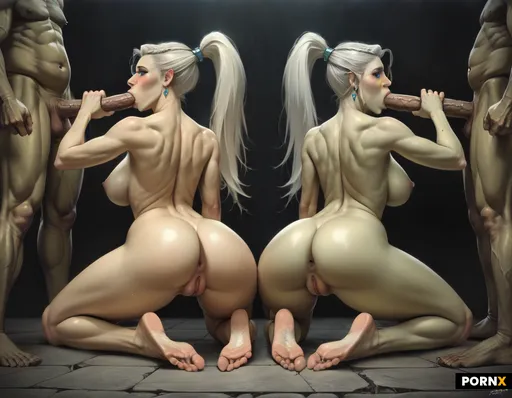 Two pale women side profile front view fat goblin standing in front with veiny penis