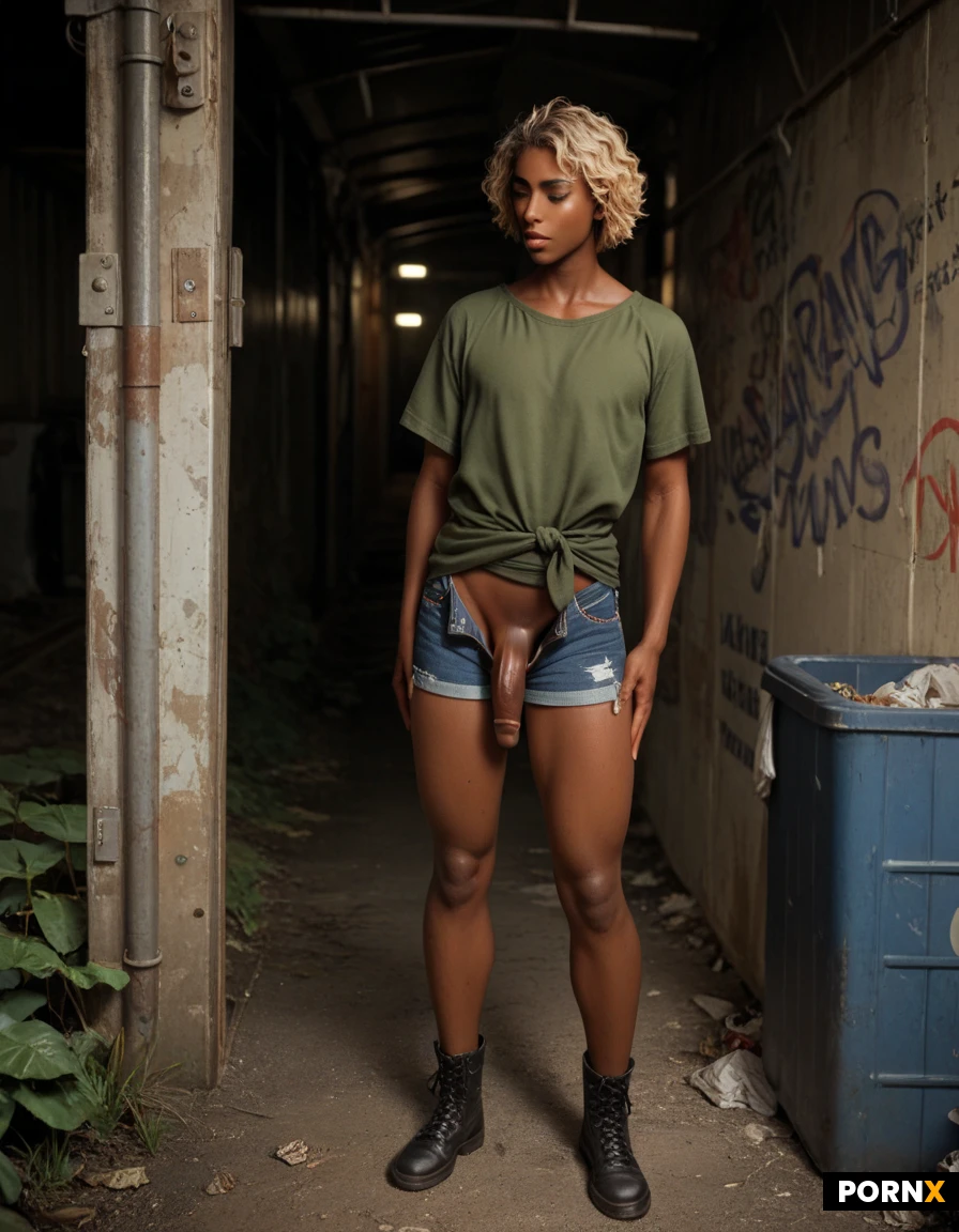 Abandoned railway, night, graffiti, trash, dumpster, swampy, (dark skinned femboy, thick, tunic, jeans shorts, normal penis, standing), (blond man, thick, shirt, shorts, on his knees), blowjob.