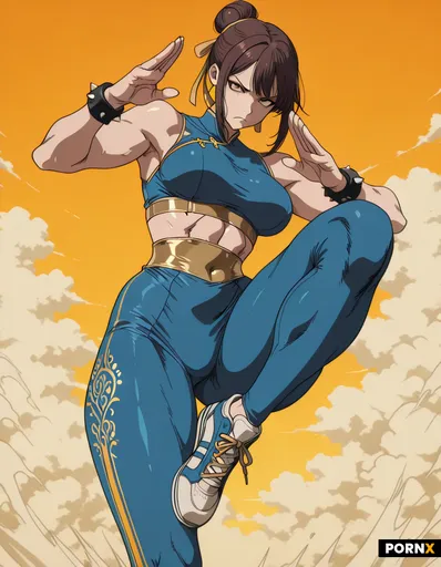 Subject: A full-body digital art illustration of a muscular female martial artist in a dynamic airbo