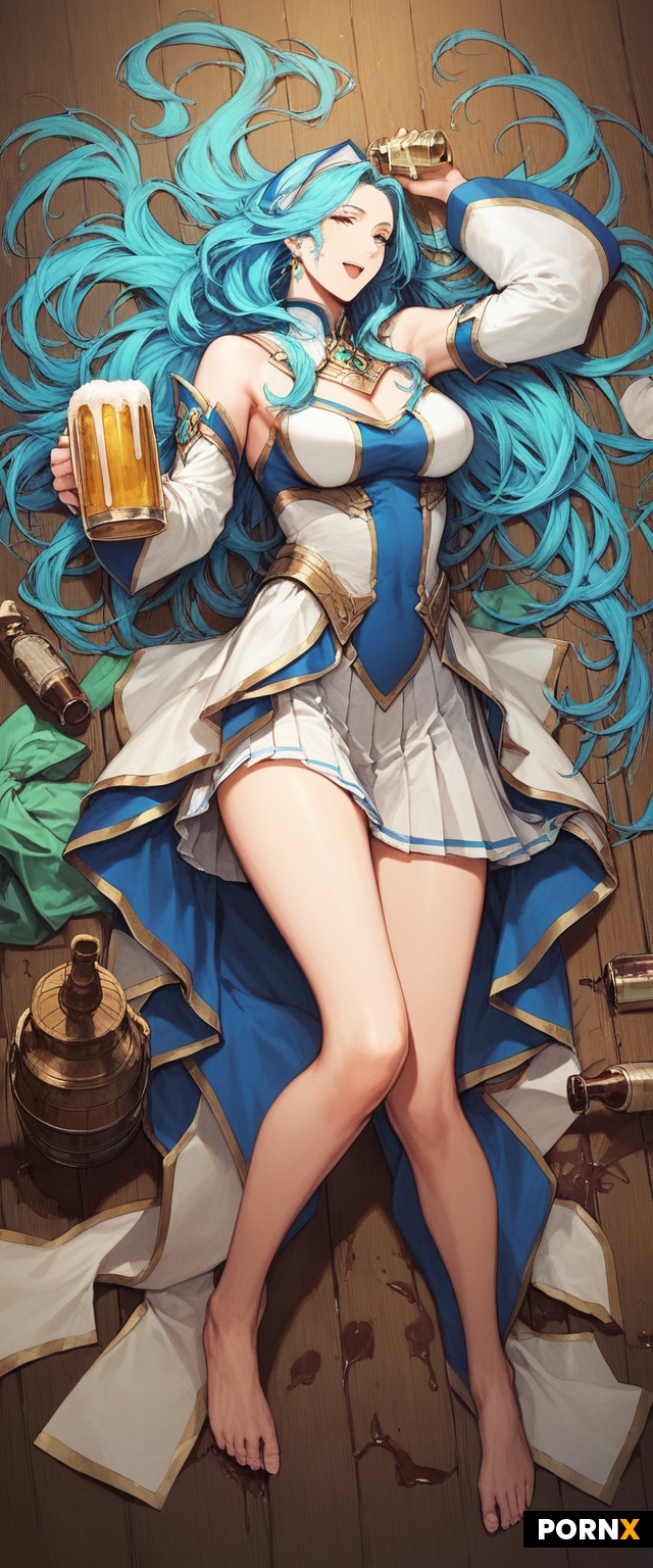 Anime-style illustration of a blue-haired woman wearing a detailed blue and white priestess outfit w