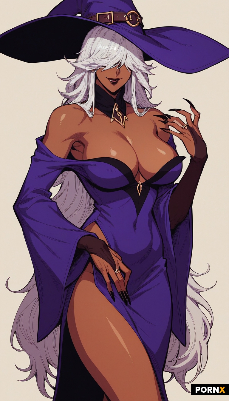 1woman absurdres bare_shoulders black_lips black_nails black_skin breasts bridal_gauntlets cleavage 