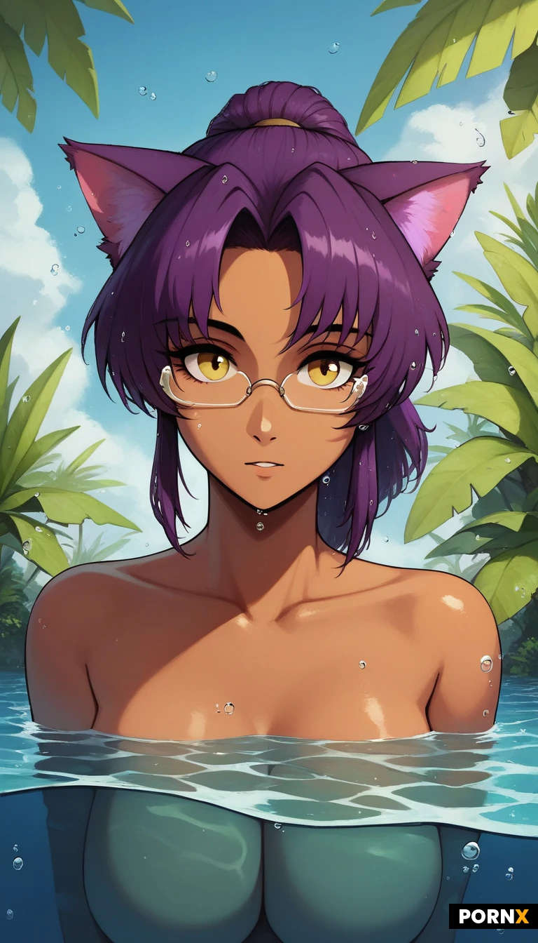cute furry cat girls, purple cat ear, purple cat tail, pretty brown skin, purple wet hair, medium lenght hair, ponytail hair, glasses, cute face, beautifull golden eyes, decollete, arm in underwater, sitting in water, upper body underwtaer, crystal-clear lagoon and tropical waterfall background, sunlight refracting, ethereal and erotic, front view, medium distance, ultra detailed image, ultra detailed face
