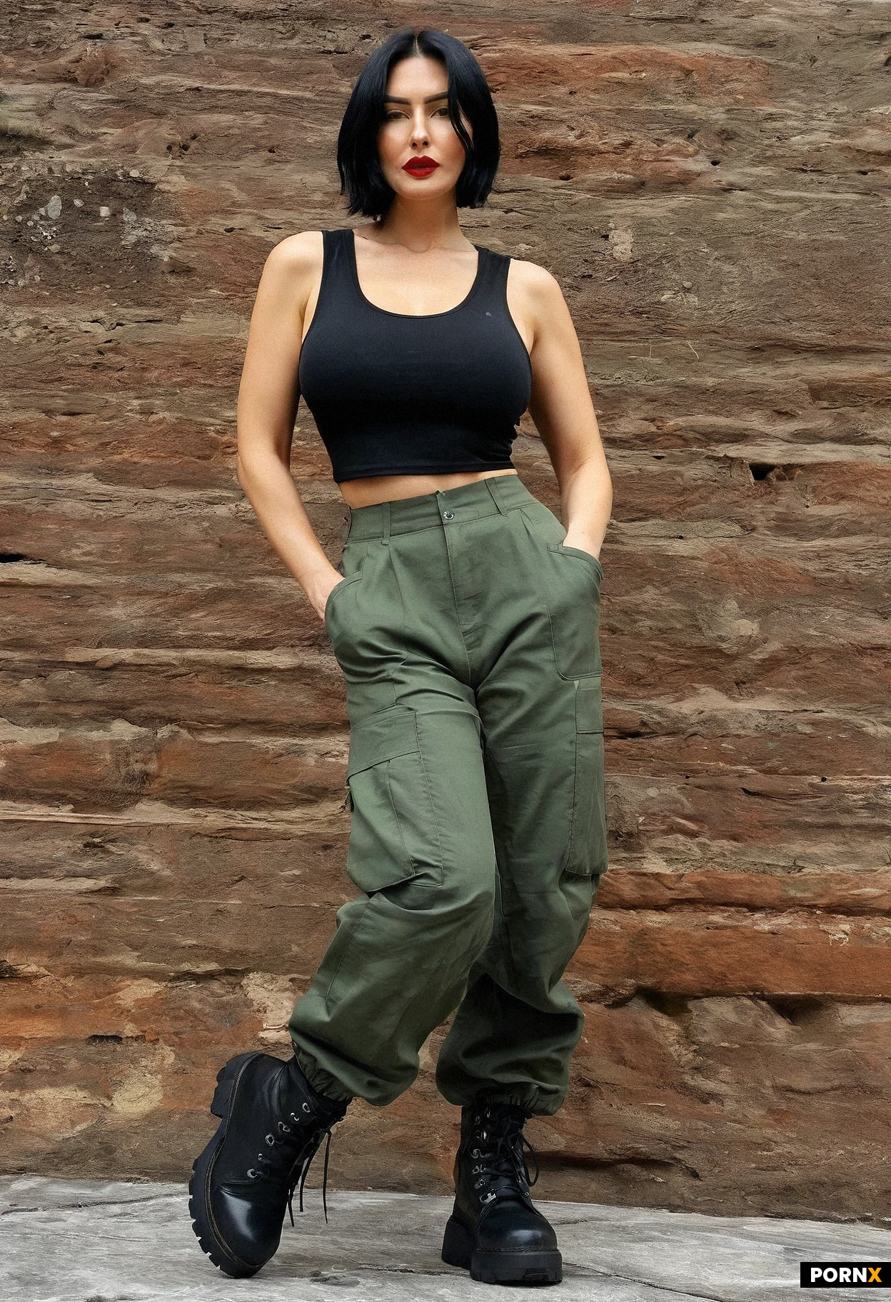 Woman, medium height, short cropped black hair, beautiful feature, high cheekbones, natural tits, red lipstick, wearing a military style outfit comprising of a tight grey tank top and black cargo pants. Black hiking boots. She is standing and facing the viewer