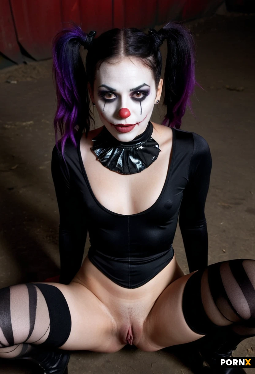 view from above, POV shot looking down at a striking female goth clown kneeling .cute and creepy aesthetics, her face featuring dramatic black and white goth clown makeup with exaggerated, wide eyes outlined in heavy black, a small black heart painted on one cheek, and stitched smile lines extending from the corners of her mouth. She has long, jet-black hair with streaks of vibrant purple or dark blue, styled in pigtails that fall over her shoulders. She wears a sleek, form-fitting black one-piece bodysuit with high-cut thighs. Her head is tilted back slightly as she (performs oral sex on a large cock), her lips parted with a seductive yet unsettling expression. The setting is a dimly lit, atmospheric circus tent or abandoned carnival at night, with moody lighting that creates shadows playing across her features. The overall aesthetic balances sexiness with an eerie, unsettling quality that makes you both drawn to and wary of her presence.