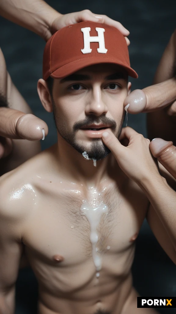 (Cute_man:1.0),(masculine male:1.0),
(high angle :1.3),(dynamic angle sideview:1.2)
(Tilt_back_head),(hand on face grabbing:1.0),((blowjob_finger in open mouth:1.2):1.0),kneeling,( in the middle of group of men,surrounded by penises:1.2),(gay gangbang),((bukkake facial,dripping cum on chest,drenched:1.2):1.2)
(Happy),(manly face:1.3),thick eyebrows,open mouth,(goatee:1.3),
(hairy:1.3),((Skinny_adult,flat_chest:1.3):1.3),(oiled:1.1),(baseball cap:1.2)
(cinematic studio light,frontlit)
Sepia,desaturated,28mm focal length
(Misty background:1.3),(dramatic lighting:1.3)